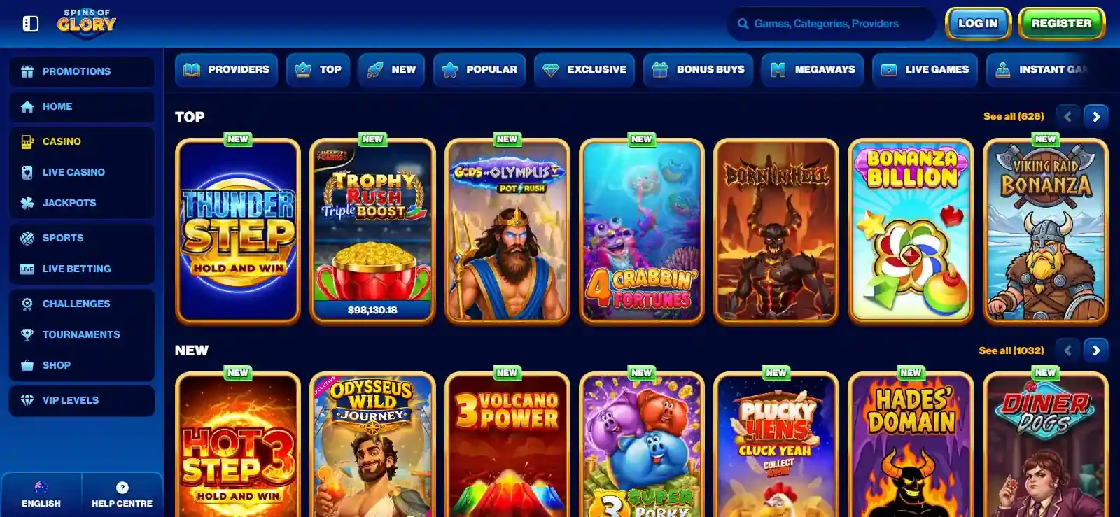 View of the real Spins of Glory game catalogue and provider browsing view