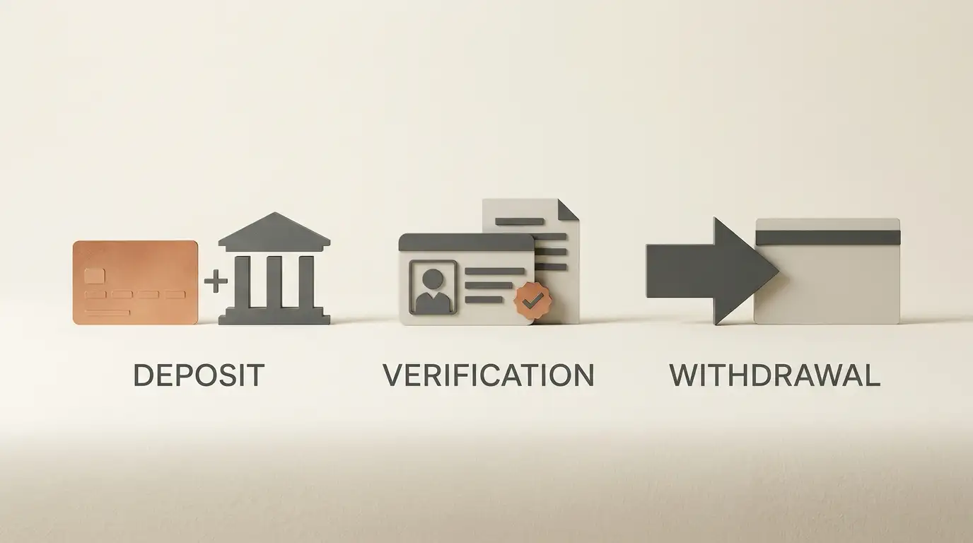 Neutral illustration showing payment, identity verification and withdrawal checkpoints